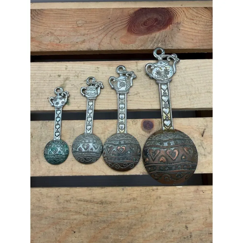 Vintage Pewter & Copper Tone Teapot Measuring Spoons - (Set of 4)
